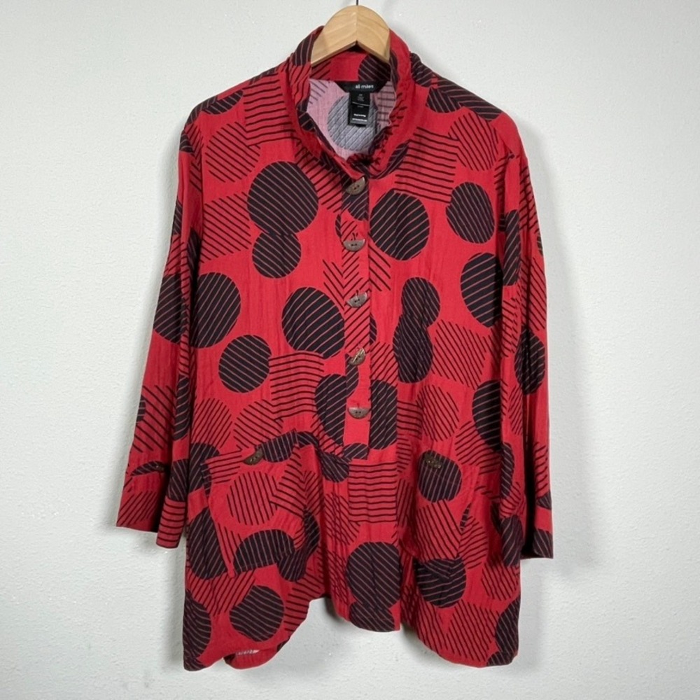 Ali Miles Tunic Women 2X Red Black Geometric Button Front Mock Neck Art To Wear